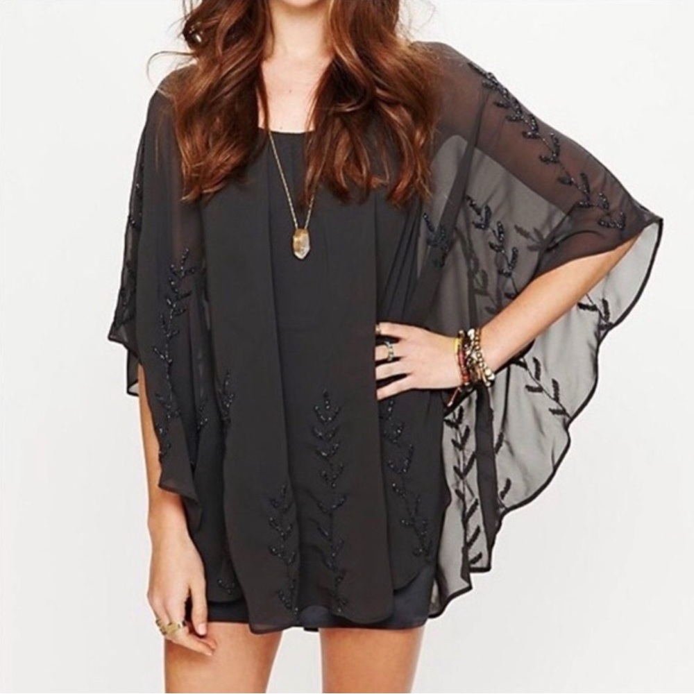 Free People Black Sheer Beaded Layer Cape Mini Dress XS
